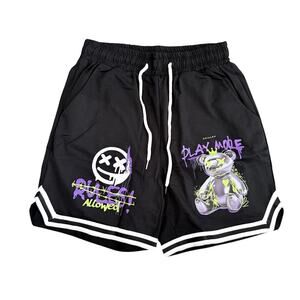 Graphic Print Bear Drawstring Shorts in Black, Size S​